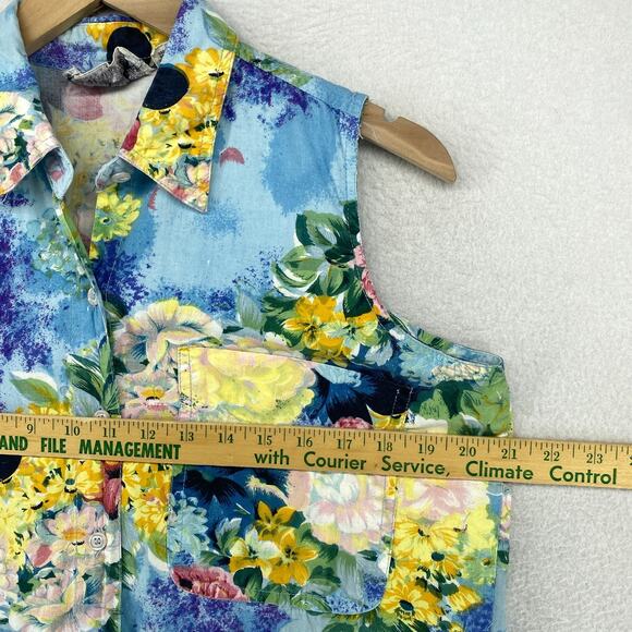 TAKEAWAY Top Womens L Floral Print Sleeveless Shirt Blouse Cotton Blue Vintage - Picture 8 of 10
